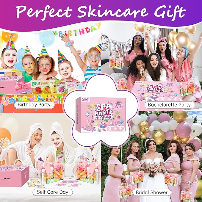 159Pcs Spa Birthday Party Decorations Kit-12 Spa Kits (Face/Lip/Eye/Hand/Foot Care) + Birthday Essentials (Banner,Balloons,Curtains)–Ideal for Birthdays,Sleepovers,Slumber Parties & Relaxation