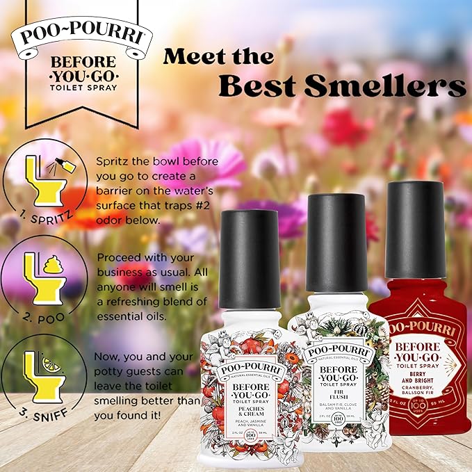 Poo-Pourri Before-You-Go Toilet Spray, Spring 2 Oz Variety Pack– Berry & Bright, Peaches & Cream, and Fir Flush