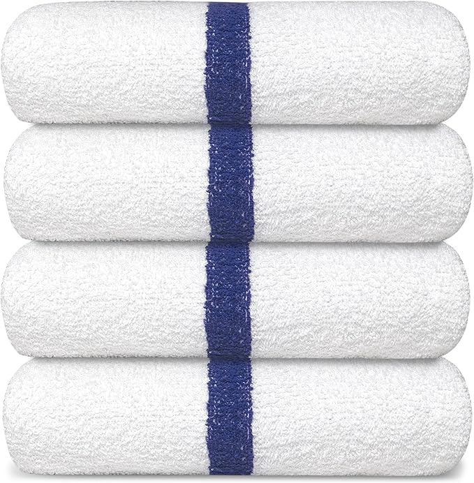 Avalon Towels 100% Cotton Pool Towels White Beach Towels Blue Stripe Pack of 12 (22x44 Inches) - Quick Drying, Highly Absorbent & Lightweight for Commercial Use for Hotels, Motels, Beaches & Poolside
