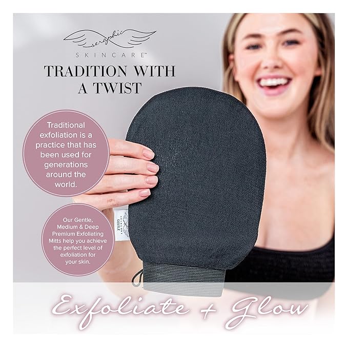 Seraphic Skincare Premium Exfoliating Glove (Gentle) – Viscose Fiber Korean Exfoliating Mitt for Sensitive Skin – Body Scrubber, Dead Skin Remover for Body & Self Tanner Removal & Application
