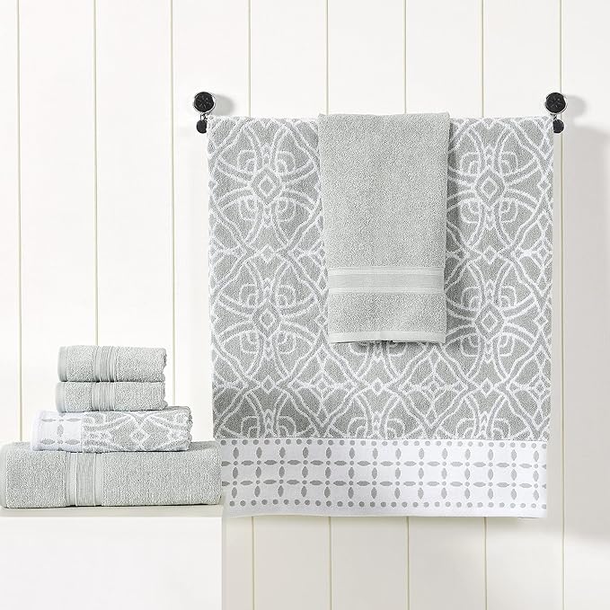 Modern Threads Monroe 6-Piece 100% Cotton Towel Set – Reversible Yarn Dyed Jacquard & Solid – Includes 2 Bath Towels, 2 Hand Towels, 2 Washcloths – Absorbent, Quick Dry, Soft & Durable – Dark Sage