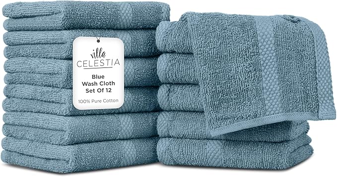 100% Cotton Wash Cloth for face & Body Set of 12, (12 x 12 inches) Sustainable, Soft, Highly Absorbent, Combed Cotton Wash Cloths Pack of 12 for Hotels, Spa, Bathroom, Dorm, Blue