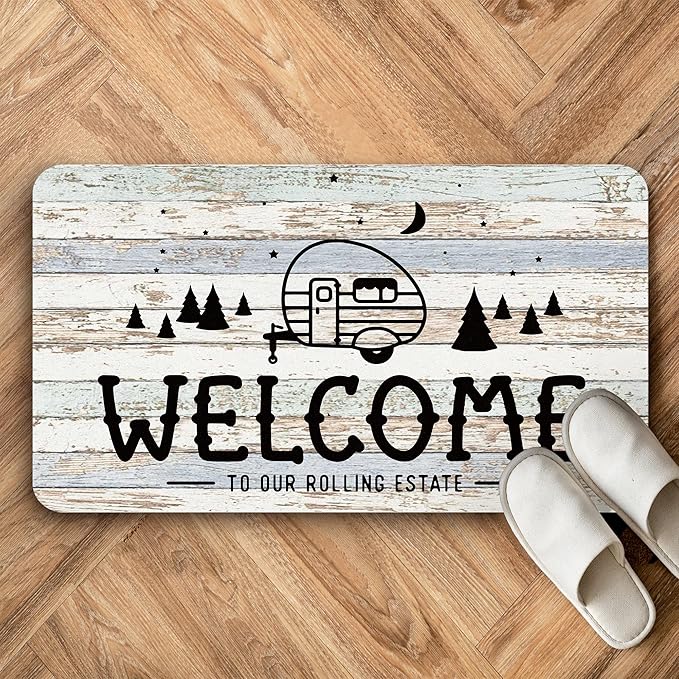 Welcome to Our Rolling Estate Soft Diatom Mud Absorbent Bath Rug 17”x30”,Welcome to Our Happy Camper Reversible Throw Pillow Cover 18”x18”,Set of 1 Pillow Cover 1 Doormat,Campsite RV Decor
