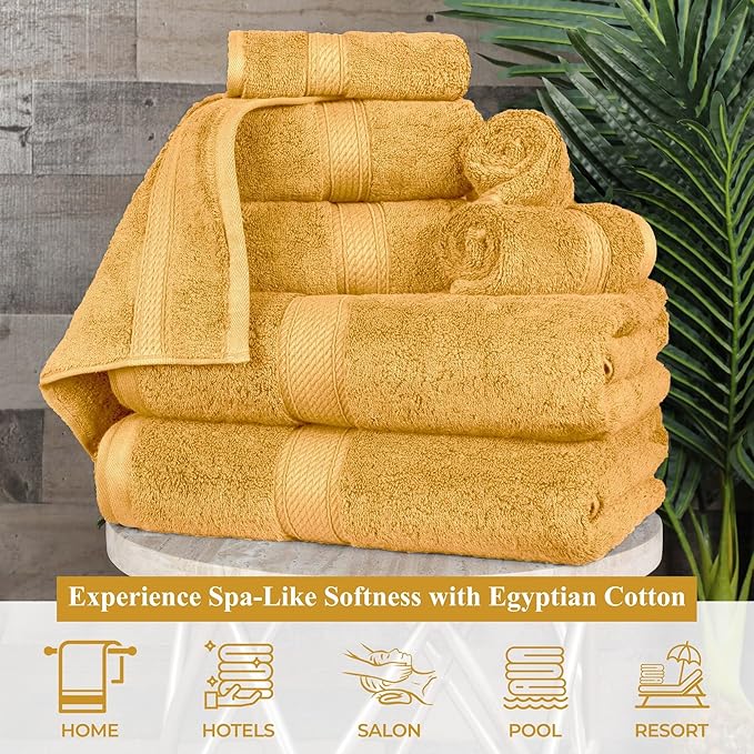 Superior Egyptian Cotton Pile 9-Piece Towel Set, Includes 3 Bath, 3 Hand, 3 Face Towel/Washcloth, Heavyweight, Ultra Soft Luxury Towels, Thick Plush Essentials, Guest Bath, Spa, Hotel Bathroom, Gold