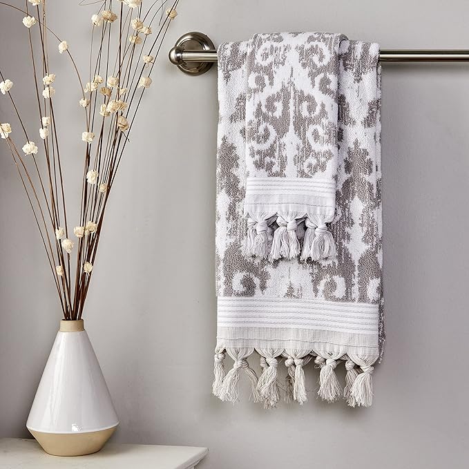 SKL Home Mirage Fringe 100% Turkish Cotton Hand Towel (2-Pack), Taupe , 16x26 in
