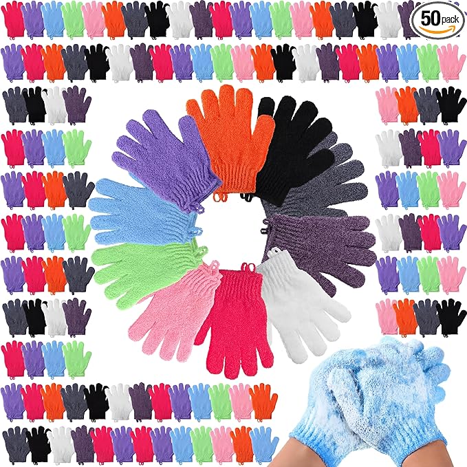FoldTier 100 Pcs Exfoliating Gloves Bulk for Shower Body Double Sided Gloves Exfoliating Bath Mitt with Hanging Loop Bath for Women Men Bathing Skin Scrubber Accessories Beauty Spa (Multicolor)