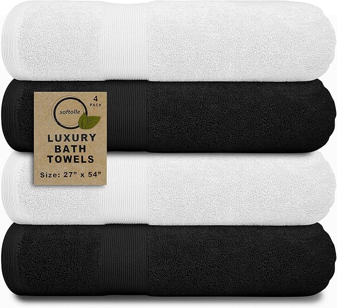 Softolle Luxury Bath Towels Set of 4 (27” x 54”) | Towels for Bathroom | Super Soft | Highly Absorbent Towels for Home, Spa, Gym (Black-White)