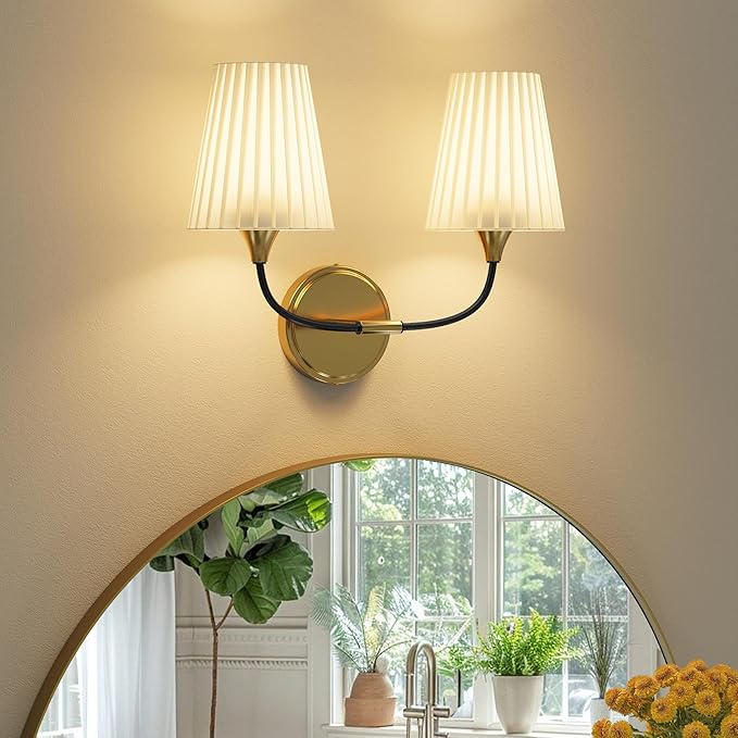 Bathroom Vanity Light with Fabric Shade, 2-Light Bathroom Vanity Light Over Mirror, Modern Light Fixtures for E26 Bulb, Flared Wall Lights for Bedroom, Hallway, Entryway (Black Gold)