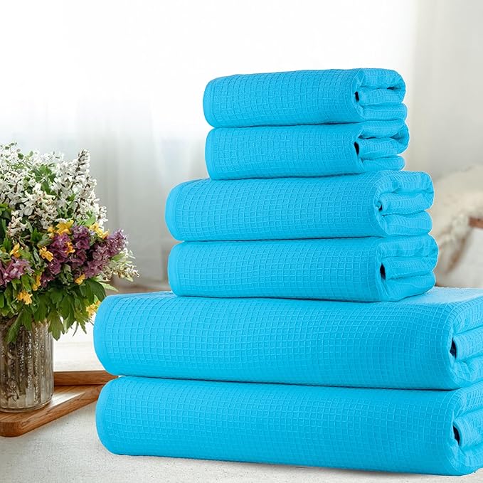 CASA COPENHAGEN Waffle 6Pcs 100% Egyptian Cotton Large Designer Towels Gift Set- Teal Blue, 2Bath 2Hand 2Washcloths, Bath Towels for Bathroom (Box Pack, Set for Women & Men)