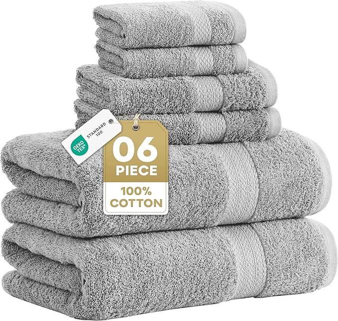 LANE LINEN 100% Cotton Turkish Towel Set for Bathroom - 6 Piece - Super Soft, Quick Dry & Highly Absorbent - 2 Bath, 2 Wash cloths, 2 Hand Towels - Hotel Quality, Durable & OEKO-TEX Certified - Grey