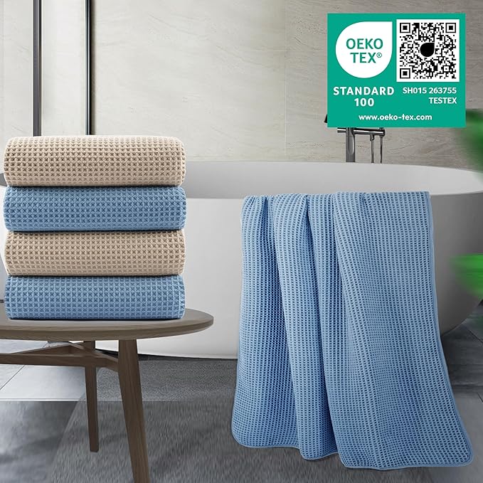 POLYTE 430 GSM Microfiber Oversize Quick Dry Lint Free Bath Towel, 60 x 30 in, 4 Pack (Waffle Weave)