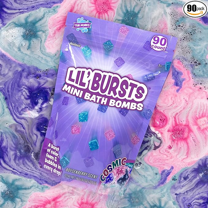Tub Works® Lil' Bursts™ Mini Bath Bombs for Kids, 90 Count, Cosmic | Nontoxic | Tiny Kids Bath Bombs with A Burst of Color, Foam & Bubbles | Customize Kids Bath with Fun Bath Colors | Create Tub Art
