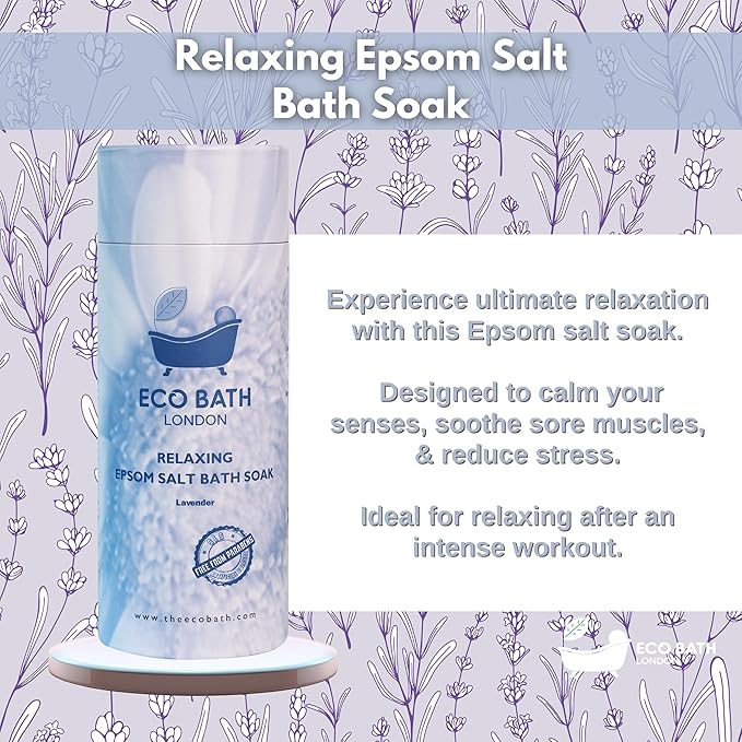Eco Bath London Relaxing Lavender Epsom Salt Bath Soak – Tube 2.2 LB (1kg) | Made in UK | Magnesium Bath Salt with Lavender Essential Oil | Epsom Salts for Relaxation