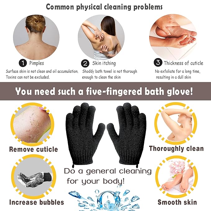 MIG4U Exfoliating Shower Gloves for Bath,6 Pairs Premium Nylon Body Wash Bathing Gloves for Men Women Spa, Massage and Skin Scrub, Dead Skin Remover with Hanging Loop, Black, Regular Size
