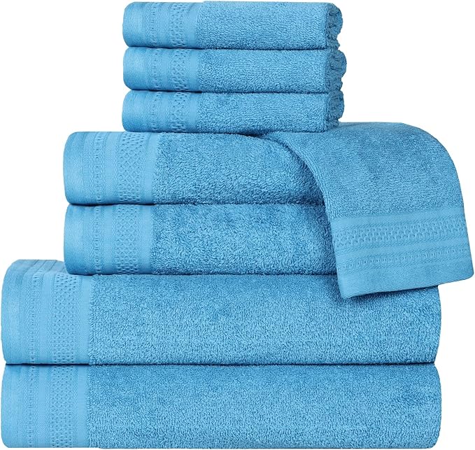 Superior Honeycomb Cotton Medium Weight Towels, for Guest Bath, Master Bathroom, Shower, Quick Dry, Adults, Home Essentials, Textured Waffle Border, Assorted Towel Set, 8 Piece Towel Set, Azure