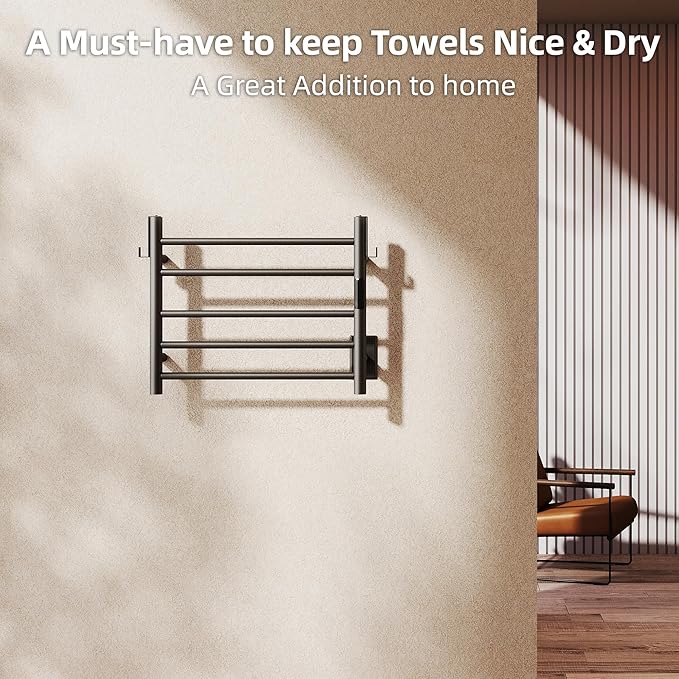 P&Dlusir Towel Warmer, Heated Towel Rack with Smart Timer and Thermo Control, Wall-Mounted Heated Towel Rail, Stainless Steel, Hard-Wired/Plug-in, Matte Black, 5 bar