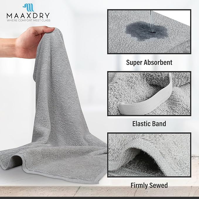 100% Cotton Large Hair Towel Wrap for Women, Men & Kids – Non-Microfiber 450 GSM Thick Super Absorbent Hair Towel 26x40 Inches, Secure Elastic Hair Wrap for Long & Curly Hair (Grey)