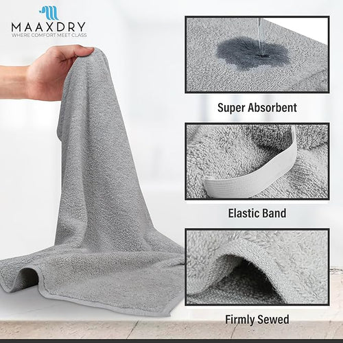 100% Cotton Large Hair Towel Wrap for Women, Men & Kids – Non-Microfiber 450 GSM Thick Super Absorbent Hair Towel 26x40 Inches, Secure Elastic Hair Wrap for Long & Curly Hair (Grey)