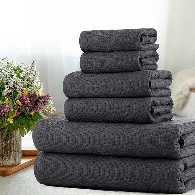 CASA COPENHAGEN Waffle 6Pcs 100% Egyptian Cotton Large Designer Towels Gift Set- Pine Grey, 2Bath 2Hand 2Washcloths, Bath Towels for Bathroom (Box Pack, Set for Women & Men)