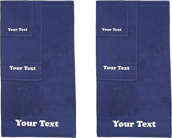 Personalize Your Towels with Custom Embroidery: Names, Monograms, and Initials. Perfect For Kids, Adults, Travel, Gifts 6-Piece Towel Set 2 Bath Towels, 2 Hand Towels, and 2 Wash Cloths - Navy Blue