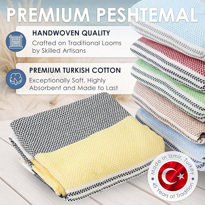ATANI Turkish Beach Towel (71x39 Inches), Converts to a Bag, Oversized 100% Cotton Bath Towels Lightweight Quick-Dry Beach Blanket for Travel, Picnic, Camping, Yoga and Pool (Black x Yellow)