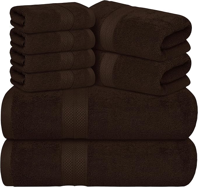 Avalon Towels Luxury 8 Piece Chocolate Towels Set, 2 Bath Towels, 2 Hand Towels and 4 Washcloths, 600 GSM 100% Ring Spun Cotton Highly Absorbent Chocolate Bathroom Towels, Ideal for Hotel, Spa and Gym