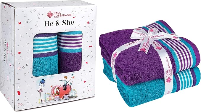 CASA COPENHAGEN He & She 6 Pieces Towel Set- Violet Indigo + Blue Green, 550 GSM 2 Bath Towel 2 Hand Towel 2 Washcloth, Designed in Denmark Made of Soft Egyptian Cotton for Bathroom, Kitchen & Shower