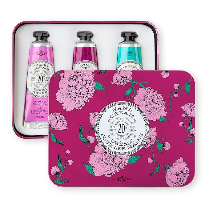 La Chatelaine Hand Cream Gift Set for Women, Hand Lotion for dry cracked hands, Travel Size, Natural Hand Cream Made in France with Organic Shea Butter (Cherry Almond, Wild Fig, & Gardenia) 3 x 1 fl