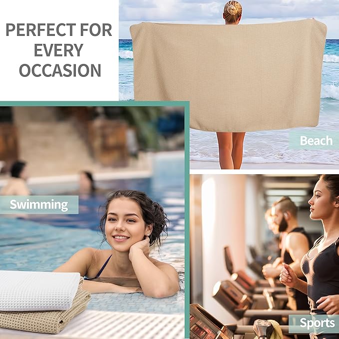 MICROFI New Microfiber Waffle Bath Towels, 2 Pieces, Oversized, Soft, Absorbent, Fast Drying, Lint Free 430 GSM (Beige+White)