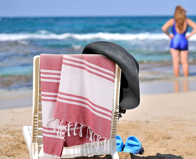 Goroly Home Cotton Turkish Peshtemal Beach Towel, Extra Large, Thin Quick Dry Sand Free Pool & Swim Towel, Bathing Blanket, Travel Essentials, (Red, 36x71 Inches)