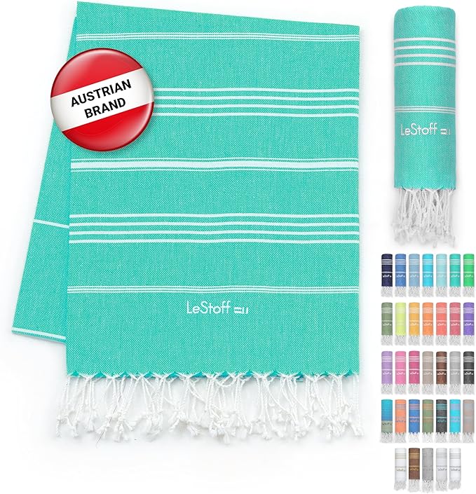 LeStoff Turkish Beach Towel 100% Organic Cotton Prewashed 38"x71" Soft Highly Absorbent Quick Drying Beach Pool Bath Yoga Gym Sauna Travel SPA Eco-Friendly Blanket Fouta Peshtemal - (Turquoise)