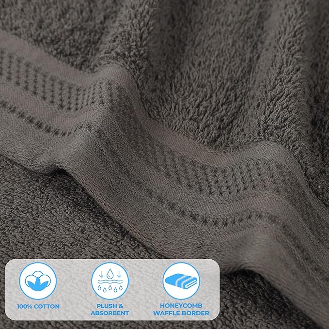 Superior Honeycomb 100% Cotton 500 GSM 12 Piece Bath Towel Set, 6 Washcloths, 4 Hand, 2 Bath Towels, Ideal for Bathroom, Kitchen or Beach, Quick Dry, Jacquard and Solid, Mid-Weight, Gunmetal
