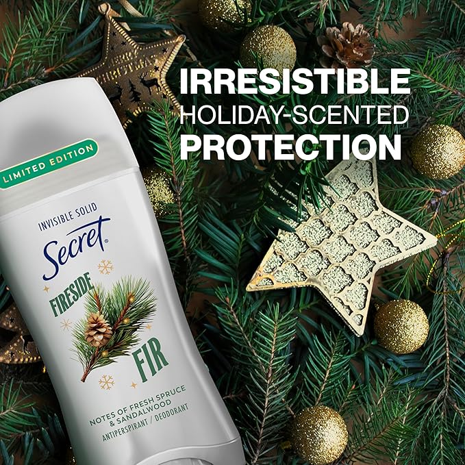 Secret Fresh Antiperspirant Deodorant for Women, 72hr Breathable Odor Protection with Pro-Hyaluronic Acid, Holiday Invisible Solid, Fireside Fir with Fresh Spruce & Sandalwood Scent, 2.6 oz
