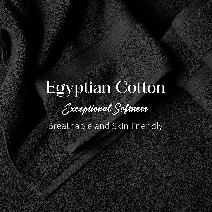SUPERIOR Solid Egyptian Cotton Towel Set, Washcloths 13” x 13”, Hand Towels 20” x 30”, Bath Towels 30” x 55”, Black, 6-Pieces