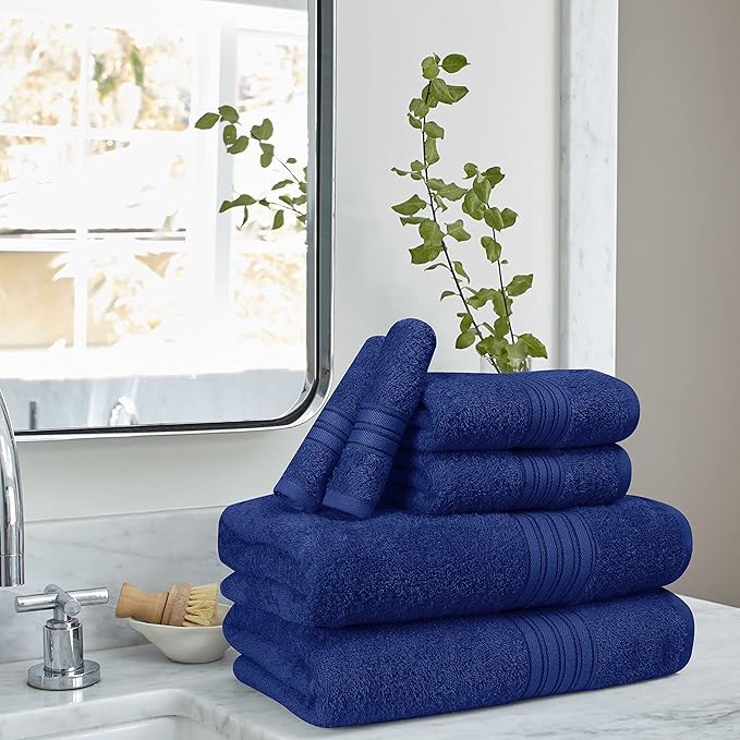 BOUTIQUO 6 Pack Cotton Towel Set, Contains 2 Bath Towels 28x55 inch, 2 Hand Towels 16x24 inch & 2 Wash Coths 12x12 inch, Ideal Everyday use, Ultra Soft Compact & Lightweight - Navy Blue