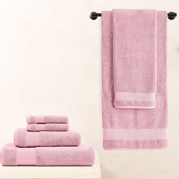 BIOWEAVES 100% Organic Cotton Bath Towel Set | 700 GSM Plush 6-Piece Premium Towel Set GOTS Certified, 2 Bath Towels, 2 Hand Towels & 2 Washcloths - Dusty Pink