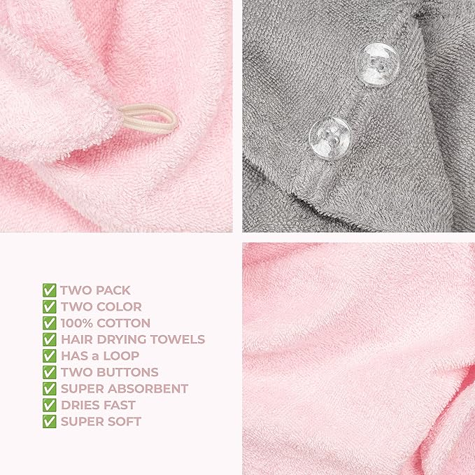 American Soft Linen 100% Cotton Head Towel Cap, Women's Anti Frizz Hair Wrap, Absorbent Cotton Towels 2 Pack, Light Grey-Pink