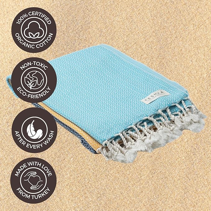 FESHKA Sand Proof Turkish Beach Towel – Oversized, Quick Dry & Lightweight Travel Towel - 100% Organic Cotton Beach Blanket - Perfect for Bath, Pool & Picnic | Coastal Dream (Yellow/Navy/Blue)