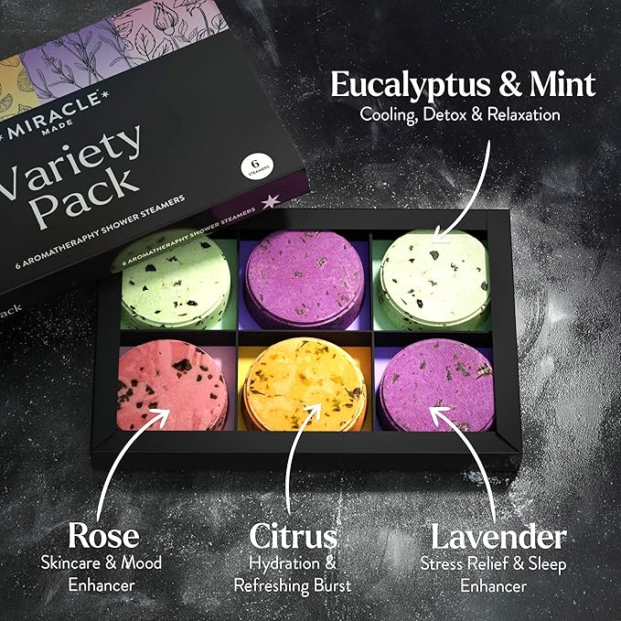 Miracle Made Aromatherapy Shower Steamers Variety Pack – Essential Oil Scented Shower Bombs for Relaxing, Refreshing Self-Care – 6 Shower Melt Tablets with Dried Flowers