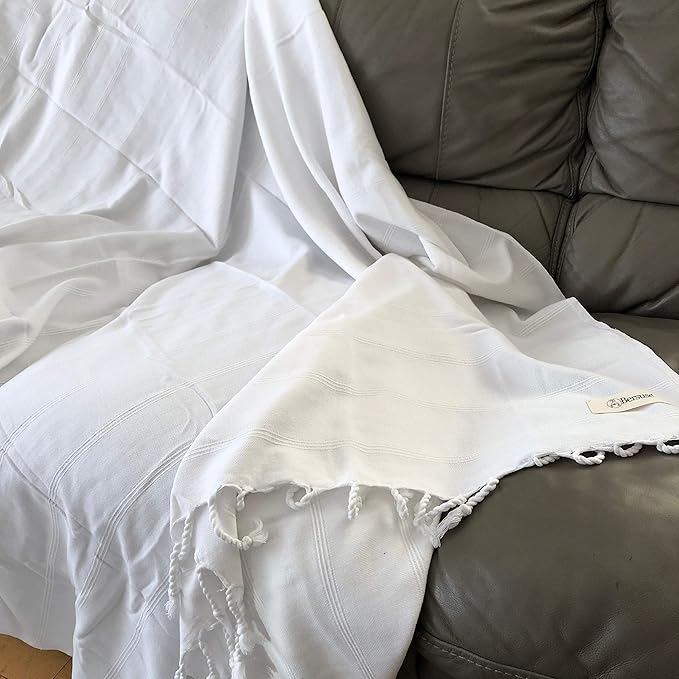Bersuse 100% Cotton Troy XL Throw Blanket for Couch - 100% Cotton Lightweight Durable Throw Blanket, Big Blanket for Sensitive Skin, Decorative and Versatile - 59x81 Inches, White