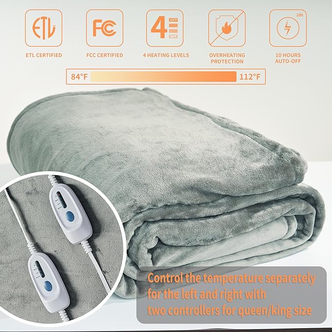 JET'S HOME Heated Blanket King 100"x90" - ETL&FCC Certified Flannel Electric Blanket Throw Machine Washable Heating Blanket with 4 Heating Levels 10 Hours Auto-Off Overheating Protection (Grey)