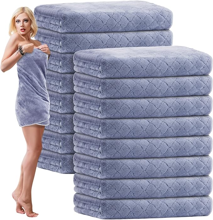 SmoothNovelty 16 Pack Microfiber Bath Towels Bulk 27'' x 60'' Oversized Size Bath Towel Highly Absorbent Extra Large Soft Drying for Beach Shower Summer Salon Sport Gym Party (Diamond,Light Grey)