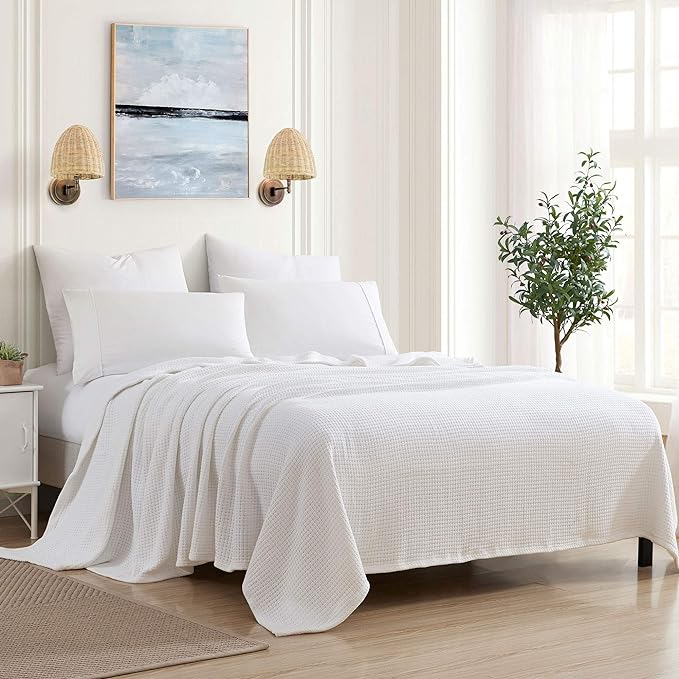 Sweet Home Collection 100% Fine Cotton Luxurious Basket Weave Blanket, White Full/Queen