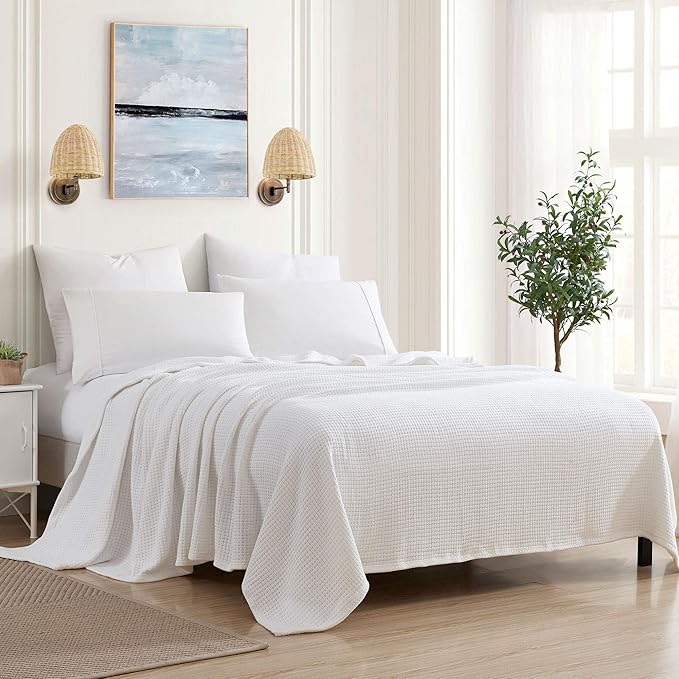 100% Fine Cotton Luxurious Basket Weave Blanket, White, Full/Queen Size (Pack of 6)