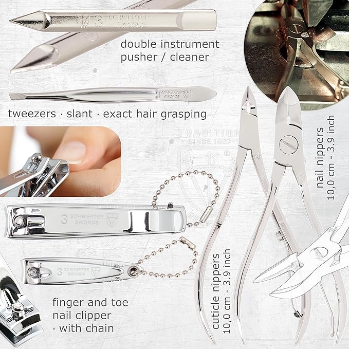 3 Swords Germany - brand quality 10 piece manicure pedicure grooming kit set for nail care scissors clipper brown synthetic leather case - Made by 3 Swords