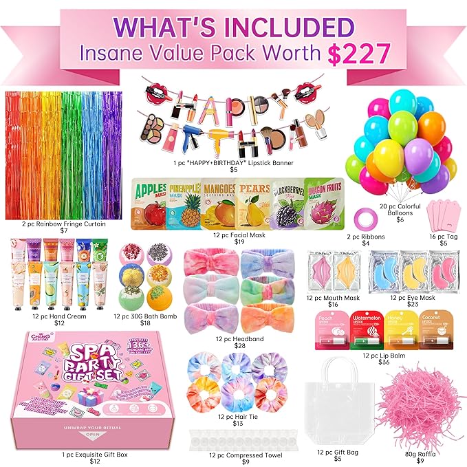 159Pcs Spa Birthday Party Decorations Kit-12 Spa Kits (Face/Lip/Eye/Hand/Foot Care) + Birthday Essentials (Banner,Balloons,Curtains)–Ideal for Birthdays,Sleepovers,Slumber Parties & Relaxation