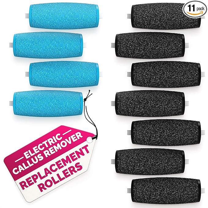11 Pcs Replacement Rollers for Electric Foot Callus Remover Tool - 7 Extra Coarse & 4 Regular Coarse Refill Heads (1.92 x 0.65 Inches), Micro-Diamond Crystals - Compatible with Amope Pedi Perfect Pro