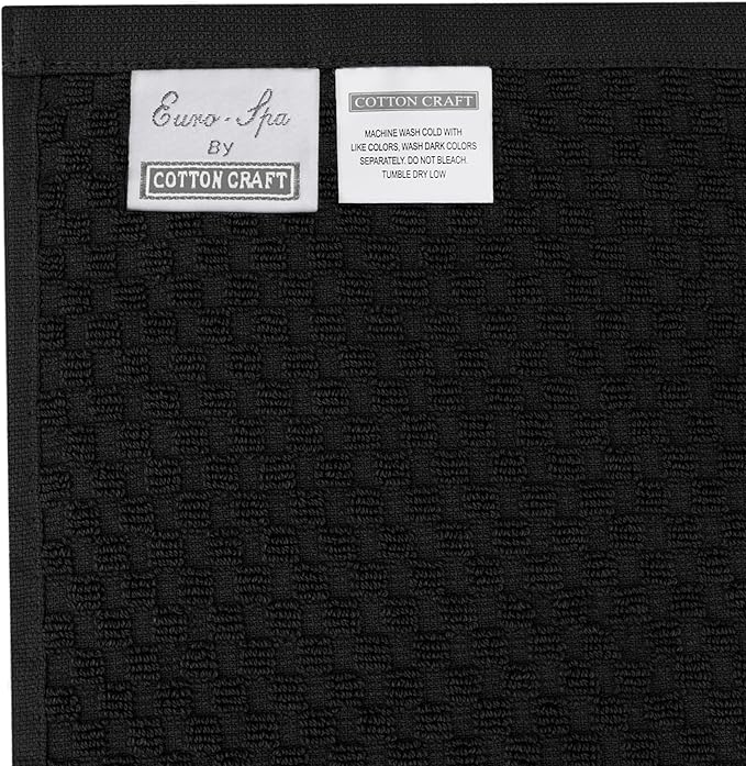 COTTON CRAFT Euro Spa Waffle Wash Cloth - Set of 12 Luxury Pure Ringspun Cotton Waffle Weave Bathroom Face Towel - Everyday Absorbent Hotel Gym Shower Beach Kitchen Travel Dorm - 12x12 inches - Black