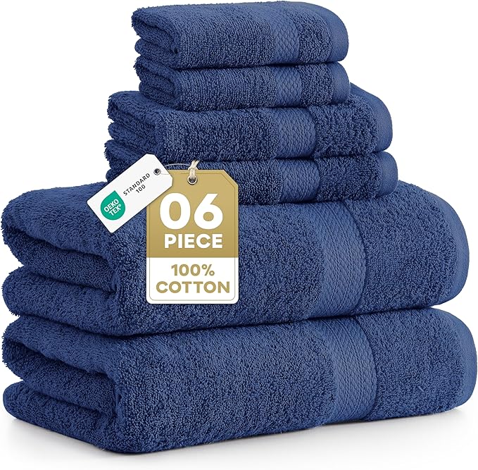 LANE LINEN Luxury Cotton Bath Towel Set - 6 Piece - Low Twist, Soft & High Absorbency - 2 Bath, 2 Wash cloths, 2 Hand Towels - Classic Hotel Quality, Durable & Ideal for Modern Bathrooms - Navy Blue