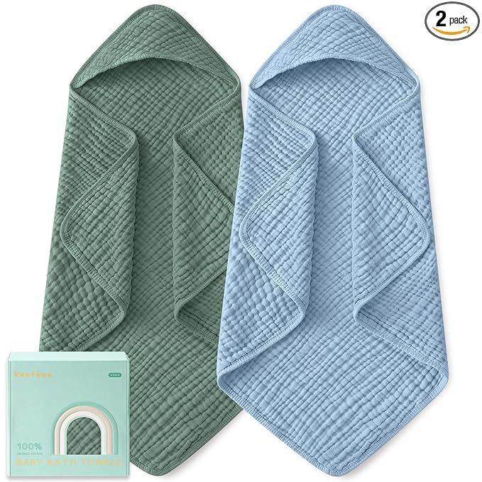 Yoofoss Hooded Baby Towels for Newborn 2 Pack 100% Muslin Organic Cotton Baby Bath Towel with Hood for Babies, Infant, Toddler and Kids, Large 32x32Inch, Soft and Absorbent Newborn Essential